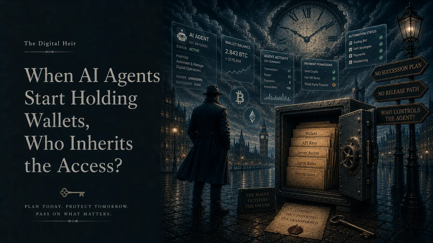 An AI agent represented as a digital executor holding wallet access and encrypted credentials