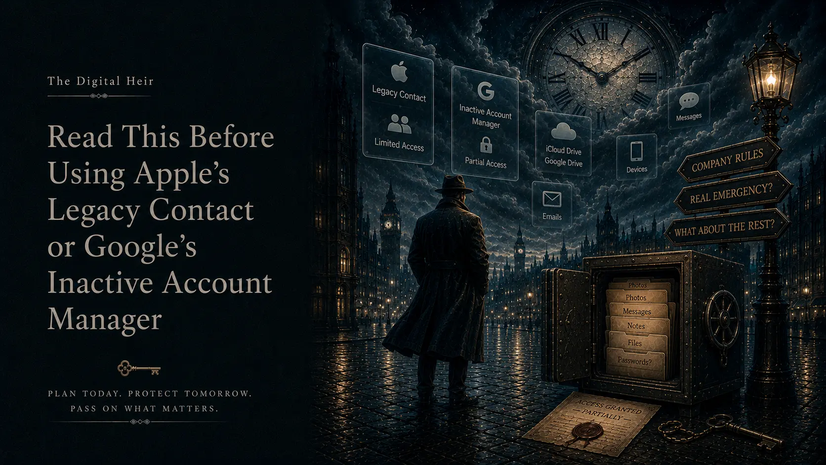 Apple and Google legacy tools shown as parts of a larger digital inheritance plan