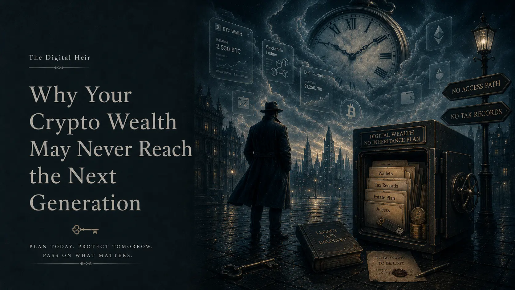 A crypto wallet represented as a locked digital vault that heirs cannot open