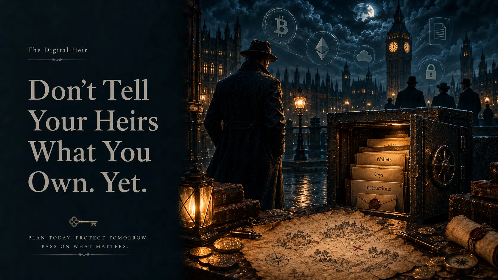 A man beside a hidden vault containing digital wallets, keys, and inheritance instructions at night