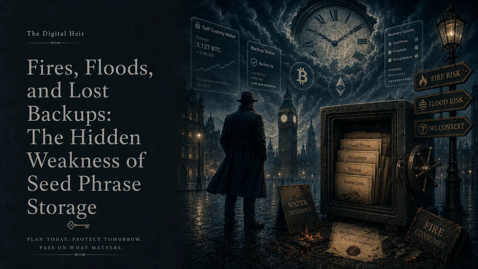 A crypto seed phrase backup represented as fragile physical storage exposed to fire, water, and time