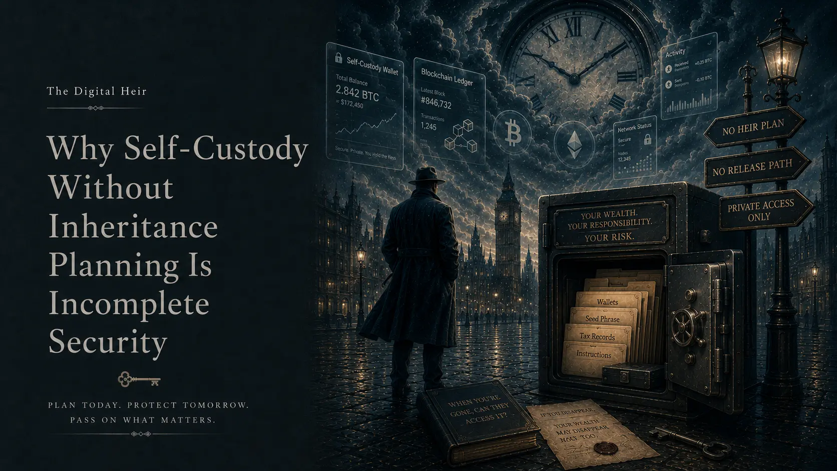 A self-custody crypto wallet represented as a locked vault with no inheritance access path
