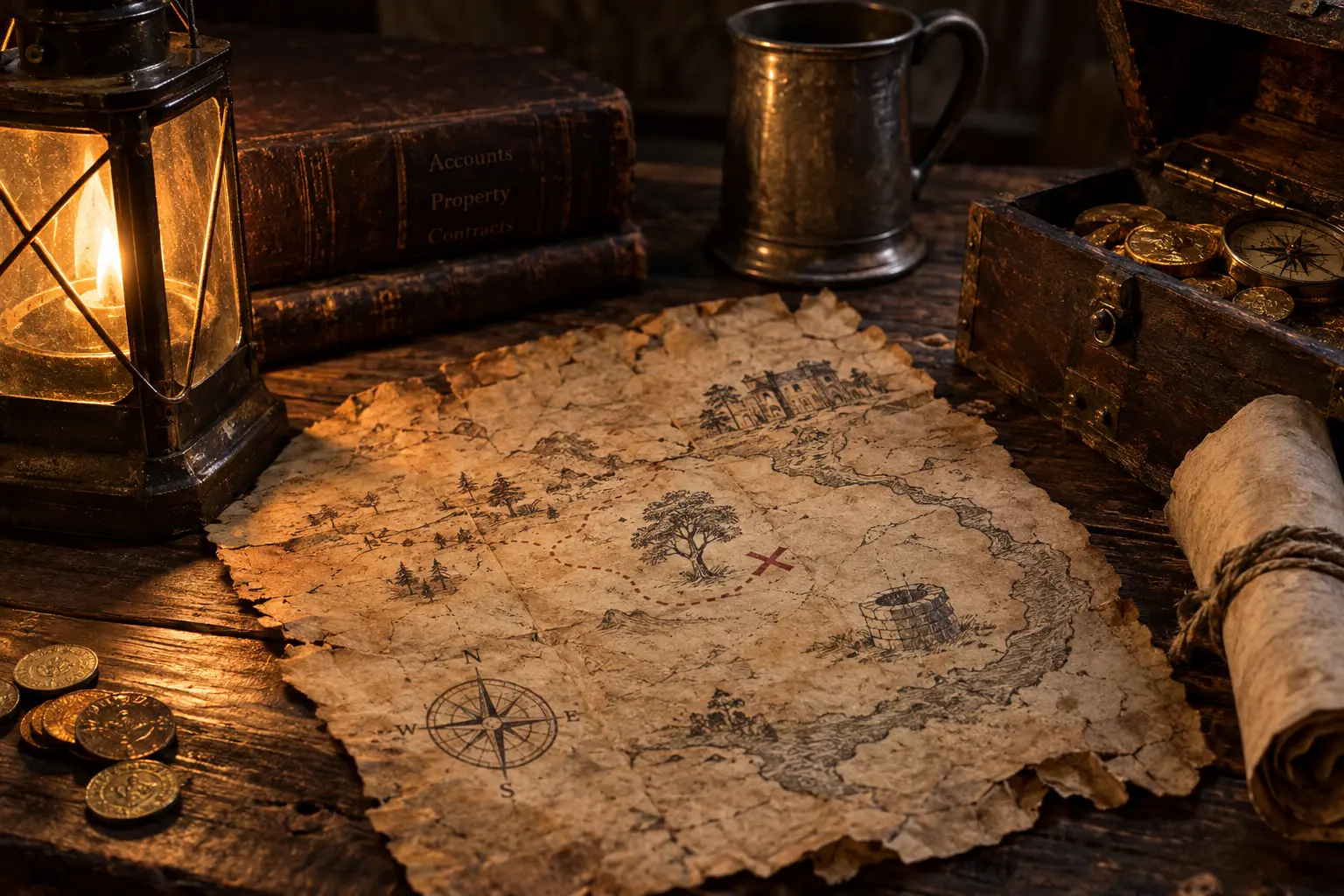 An old treasure map beside a lantern, books, coins, and a chest
